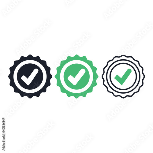 Three variations of a check mark icon inside a badge, ideal for app design, website interface, or marketing materials, offering a versatile design solution.