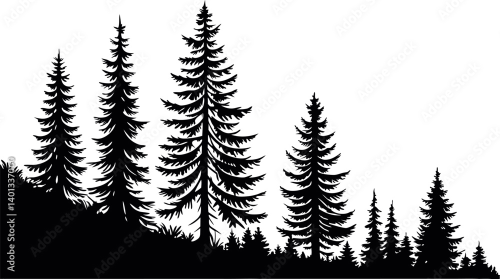 Obraz premium Pine Tree Forest Silhouette – Black and White Evergreen Tree line Vector Illustration