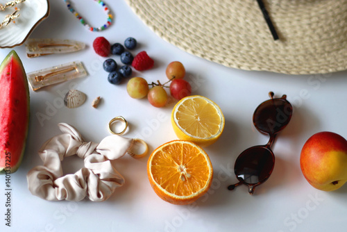 Obraz na płótnie Straw hat, sunglasses, seasonal fruit, seashells and colorful accessories on white backgrounds. Cute summer essentials. Selective focus. w salonie