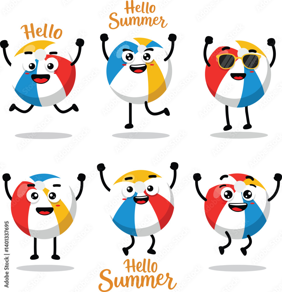 Fototapeta premium Cheerful animated beach balls celebrating summer with joyful expressions and playful actions