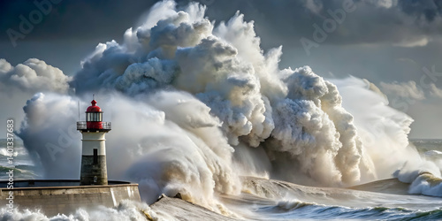 Giant waves crashing against a lighthouse during a storm