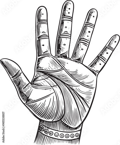 Hand Palm Fingers Black and White Vector Illustration, Sketch Drawing Line Linear Symbol Icon Engraving, Hand-drawn Isolated
