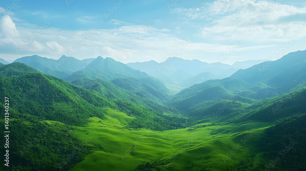 Fototapeta premium Vast Green Mountain Valley Under Clear Sky