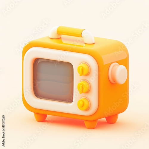 A cute, retro-style toy television in bright yellow and white colors, isolated on a light background.