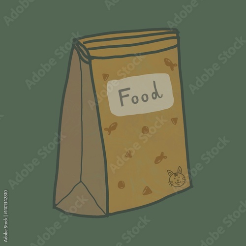 Cat food bag on green background, cartoon Wallpaper.