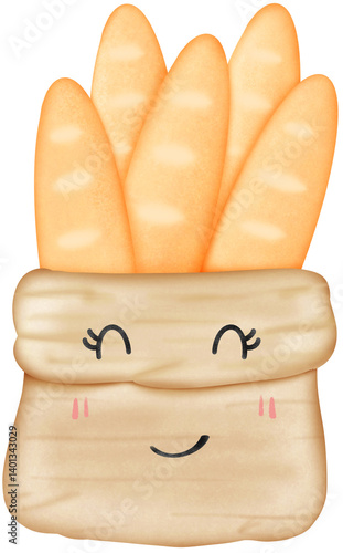 bread in bag, cartoon, French bread smile.