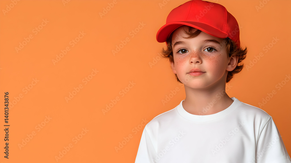 Portrait of a Young Boy with Freckles Wearing a Red Cap and White Shirt Against an Orange Background Portrait of a Young Boy with Freckles Wearing a Red Cap and White Shirt Against an Orange Background