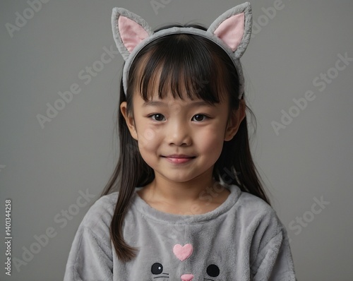 Smiling East Asian girl in gray cat costume with whiskers and ears headband in minimal studio setting
