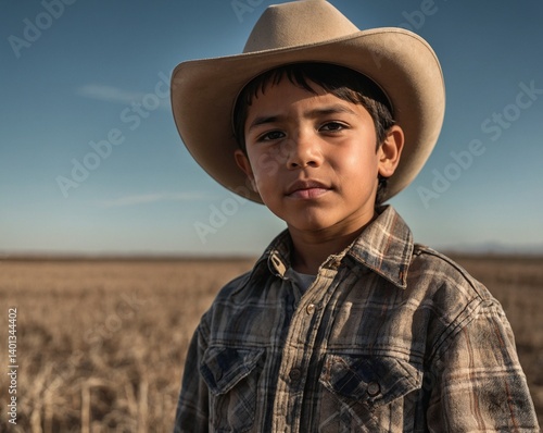 Confident Latino boy in cowboy outfit standing in a dry field under blue sky