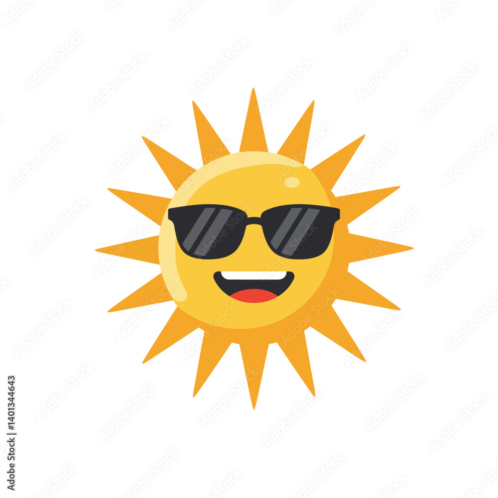Happy sun character wearing sunglasses with bright rays shining around it Happy sun character wearing sunglasses with bright rays shining around it