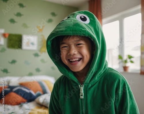 Laughing Asian boy in a green dinosaur onesie playing in a bright bedroom play area