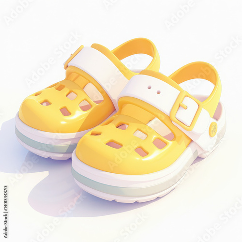 Bright yellow children's clogs featuring ventilation holes, perfect for summer adventures on a white isolated background.