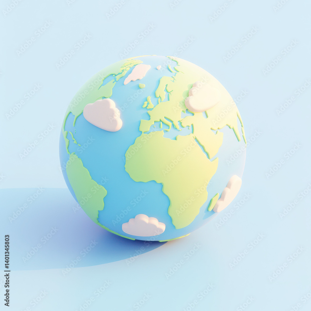 Fototapeta premium Colorful 3D globe with clouds, representing Earth's diverse landscapes and ecosystems, set against a soft background.