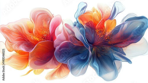   A close-up of a white background with a blue and orange flower centered