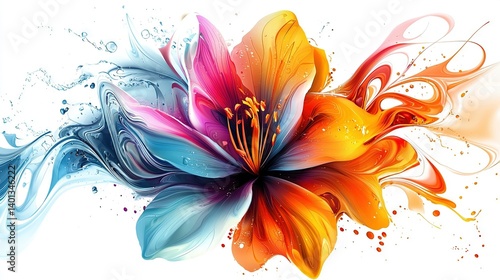   A vibrant blossom on a pristine canvas with a droplet of water at its base and another splash beneath