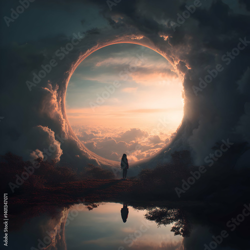 Mysterious portal in the clouds mirrors tranquility and exploration at dusk in a dreamlike landscape