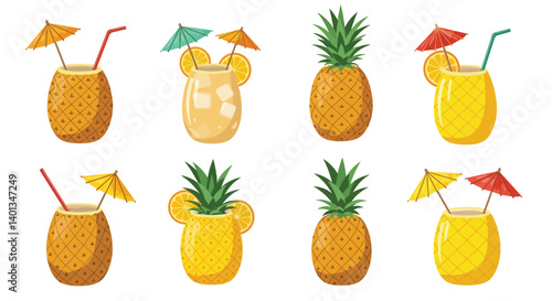 Colorful tropical drinks in coconut and pineapple containers with umbrellas and straws