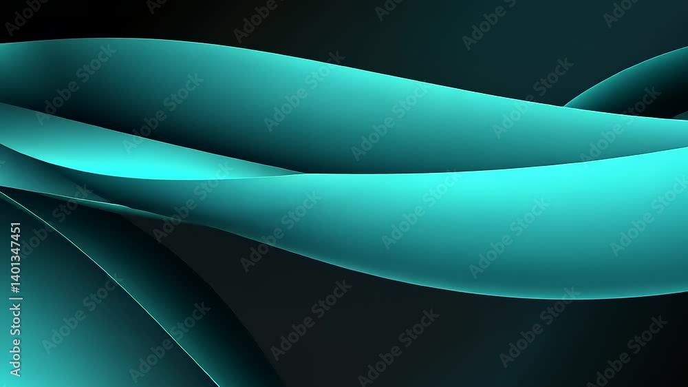 Curved, layered, and gradiented cyan shapes form an abstract design against a dark background