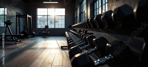 Sunlit gym interior with rows of dumbbells on rack. Perfect for fitness, health, and wellness themes.