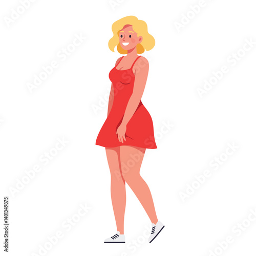 Young woman smiling while walking in a vibrant red dress with casual sneakers