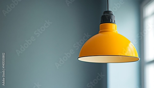 Modern yellow lamp hanging on a white wall. 3D Rendering