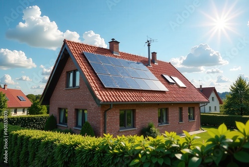 Wallpaper Mural A modern brick house with solar panels on the roof, nestled in a green landscape under a sunny sky. Torontodigital.ca