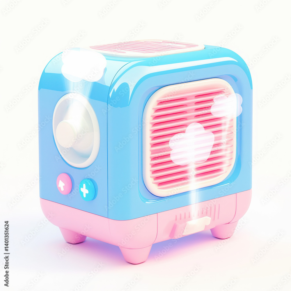 Fototapeta premium Cute blue and pink air cooler with a playful design, isolated on a white background.