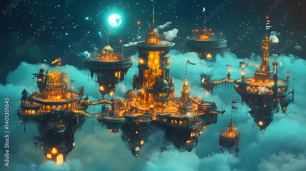 Obraz premium A celestial marketplace where traders float between glowing islands, selling treasures from otherworldly dimensions. Celestial Waraxe. Illustration