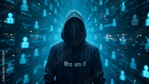 Concept of digital identity and online anonymity — a hidden persona navigating cyberspace, highlighting cybersecurity, privacy, data protection, and the question of 