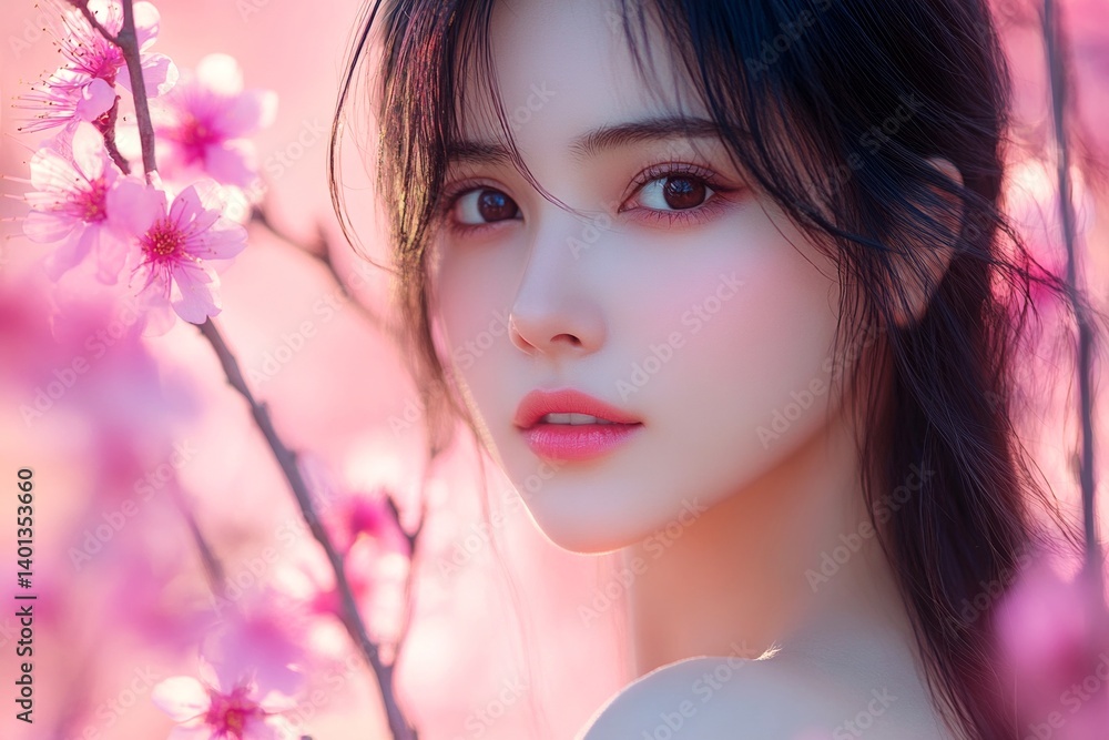 Commercial digital ads conceptual art. Spring mood, dark night and warm mystic light - complementary lighting. Gorgeous asian young woman surrounded by cherry blossoms. Commercial digital ads conceptual art. Spring mood, dark night and warm mystic light - complementary lighting. Gorgeous asian young woman surrounded by cherry blossoms.