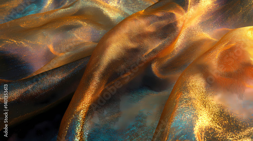Iridescent aurora with golden threads in shimmering metallic effect, gold, drapery, premium. Aurora Threads. Illustration