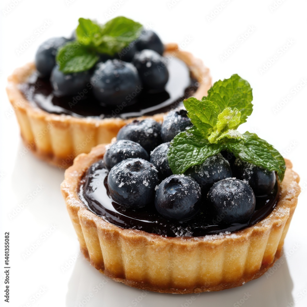 Two blueberry tarts with mint leaves isolated on white background Two blueberry tarts with mint leaves isolated on white background