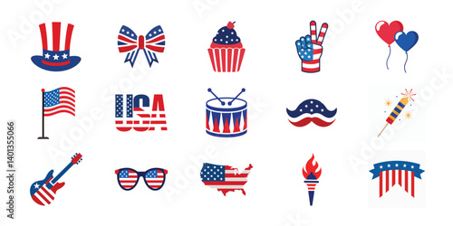 4th of July vector elements set. Collection of American Independence Day vector illustration on white background