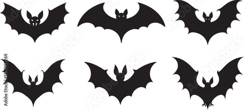 Flying vampire bat silhouettes for Halloween and trick or treat party scary and spooky decoration, Halloween black bat isolated silhouettes holiday horror, vector cartoon icons. 