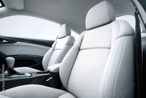 a white front seat of Cheap and economical car on empty white surface mockup,with a Detachable seat headrest