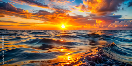 A glowing sunset reflecting on rippling ocean waves