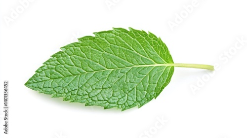 A fresh mint leaf isolated on a white background, with detailed veins highlighting its natural beauty.