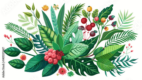 Greenery elements. Leaves branches foliage and berry wedding plants, vintage nature botanical collection. Vector illustrations exotic green garden bouquet on white background for