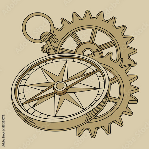 Steampunk-inspired compass with gears and brass textures