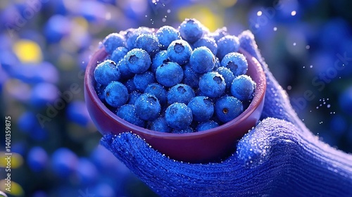 Wallpaper Mural   A red bowl brimming with blueberries rests on a blue-gloved hand in front of blue flowers Torontodigital.ca