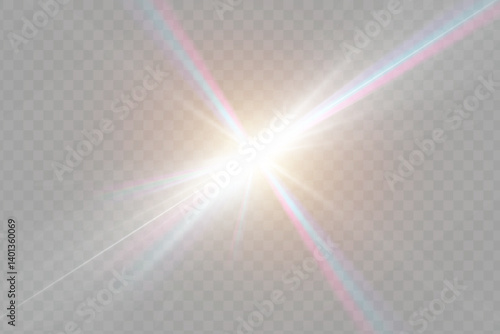 Crystal star. Crystal ray light, sun shines PNG rainbow red yellow and blue color. Optical fire light effect. Png sparkle shine. Vector lens glare leakage glare reflection effect. Sunlight 