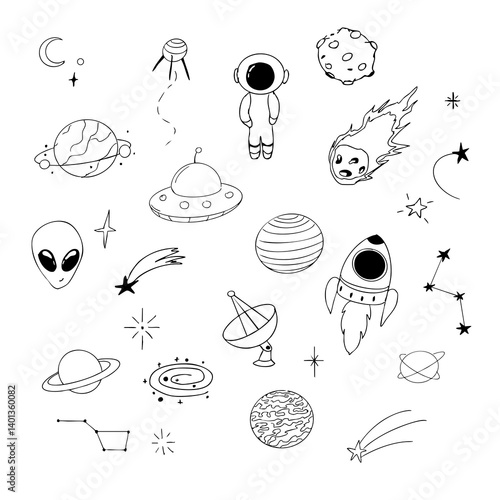 Space set with alien, meteor, planets and spaceship line sketch hand drawn illustration. Set cosmic doodle elements.