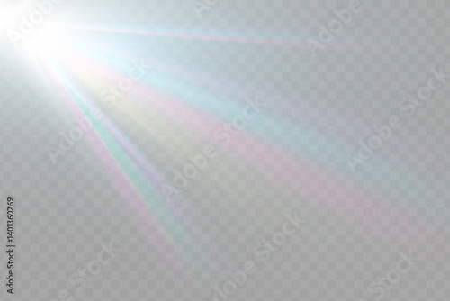 Crystal star. Crystal ray light, sun shines PNG rainbow red yellow and blue color. Optical fire light effect. Png sparkle shine. Vector lens glare leakage glare reflection effect. Sunlight 