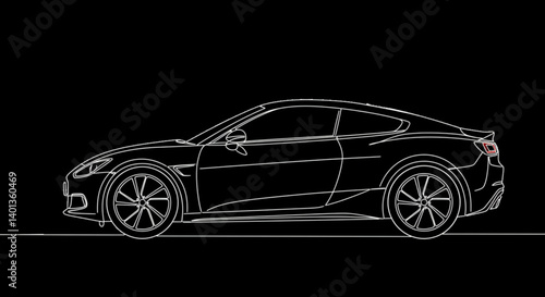 Sleek modern sedan line drawing white lines depicting minimalist profile view with space