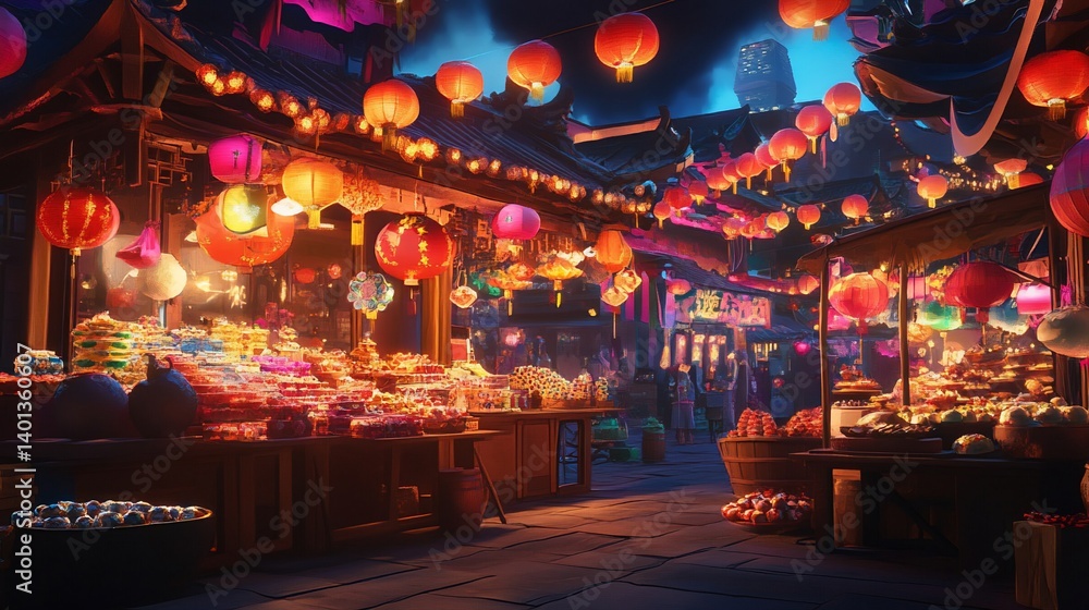Vibrant Chinatown Night Market Scene with Traditional Lanterns and Food Stalls Vibrant Chinatown Night Market Scene with Traditional Lanterns and Food Stalls