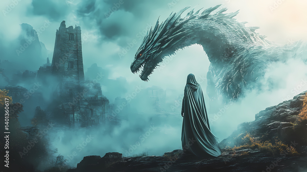 Epic fantasy scene of a cloaked figure standing before a towering dragon with mist and ancient ruins in the background. Solarbound Shield. Illustration