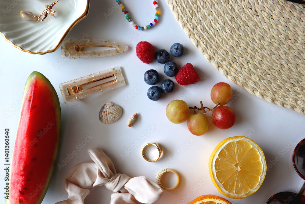 Straw hat, sunglasses, seasonal fruit, seashells and colorful accessories on white backgrounds. Cute summer essentials. Flat lay.
