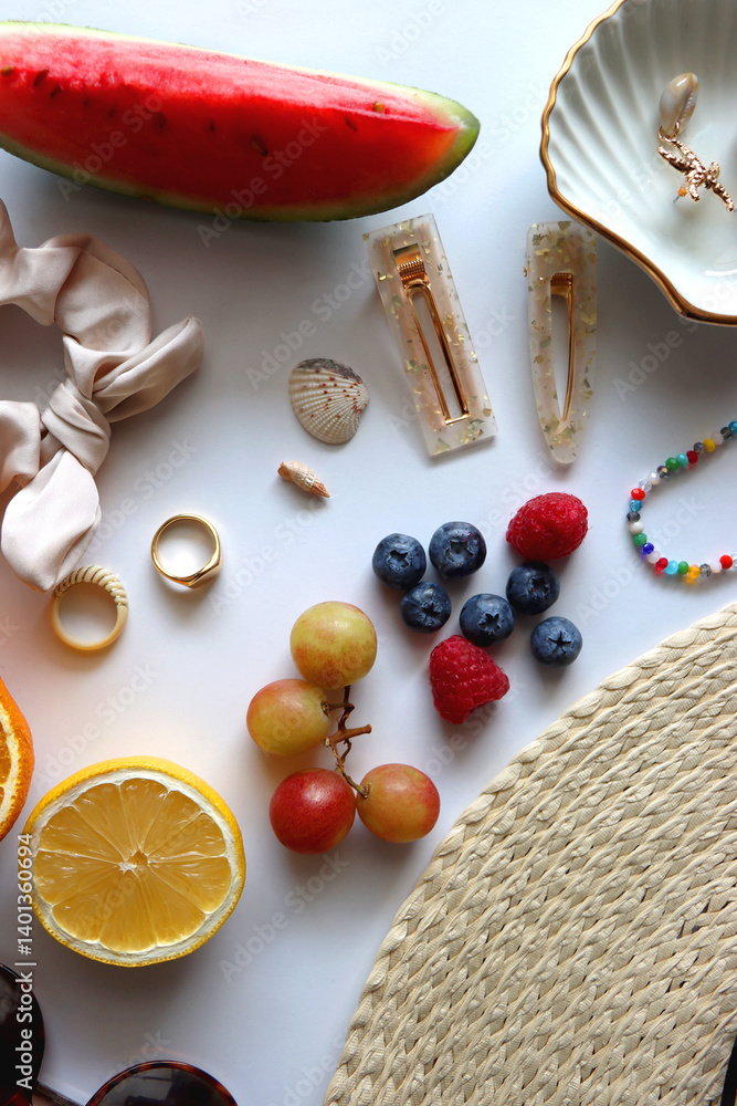Straw hat, sunglasses, seasonal fruit, seashells and colorful accessories on white backgrounds. Cute summer essentials. Flat lay.