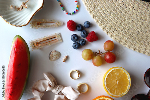 Obraz na płótnie Straw hat, sunglasses, seasonal fruit, seashells and colorful accessories on white backgrounds. Cute summer essentials. Flat lay. w salonie