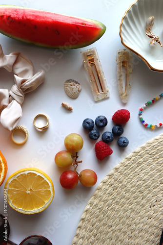 Obraz na płótnie Straw hat, sunglasses, seasonal fruit, seashells and colorful accessories on white backgrounds. Cute summer essentials. Flat lay. w salonie